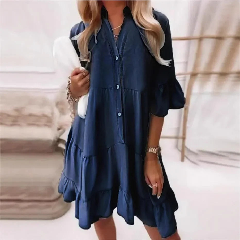 Women's Cotton Mini Dress with Ruffled Half Sleeves - Single