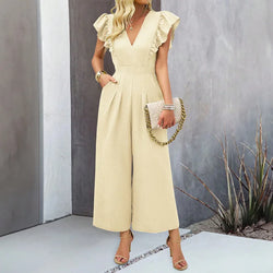 V-neck Flying Sleeves High-waisted Wide-leg Pants Jumpsuit