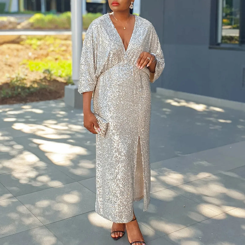 Plus Size Sequined Split Luxury Party Dress