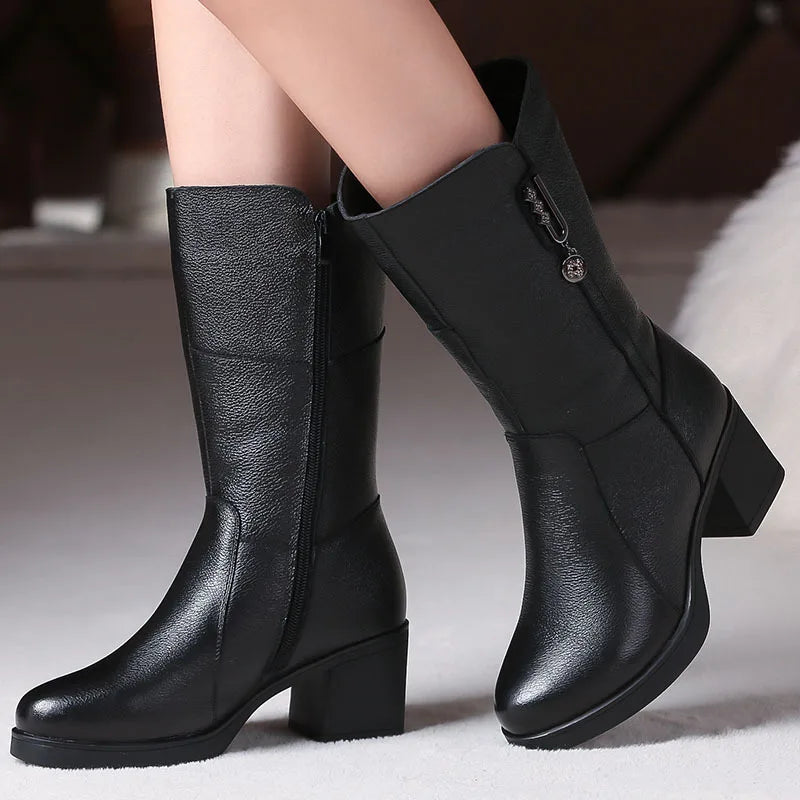 Genuine leather mid calf boots