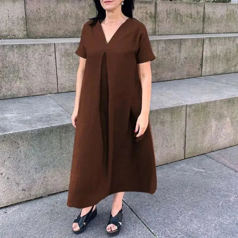 Plus Size Fashion Dress V-neck Solid Color Casual