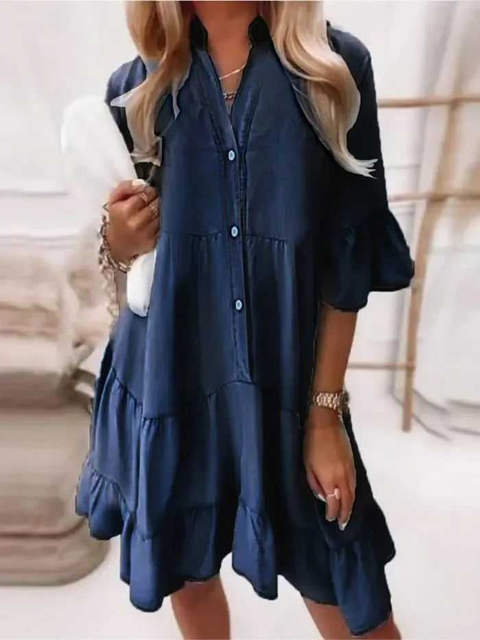 Women's Cotton Mini Dress with Ruffled Half Sleeves - Single