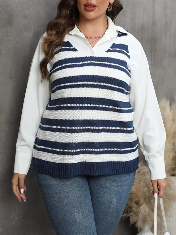 Plus Size Striped V Neck Sweater Spring