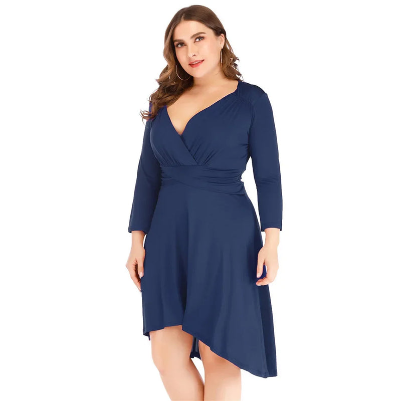 Plus Size V-Neck Waist-Fitted Pleated