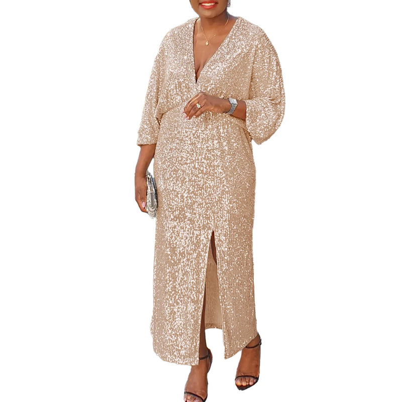 Plus Size Sequined Split Luxury Party Dress