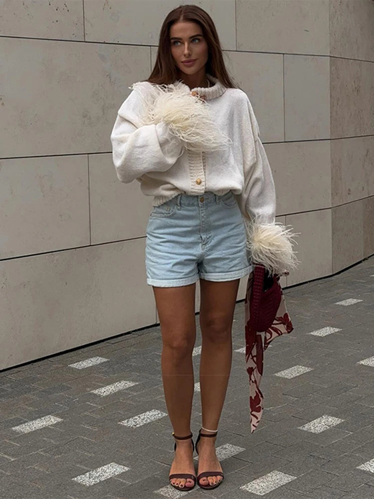 Patchwork Feather Cuffs O-neck Cardigan