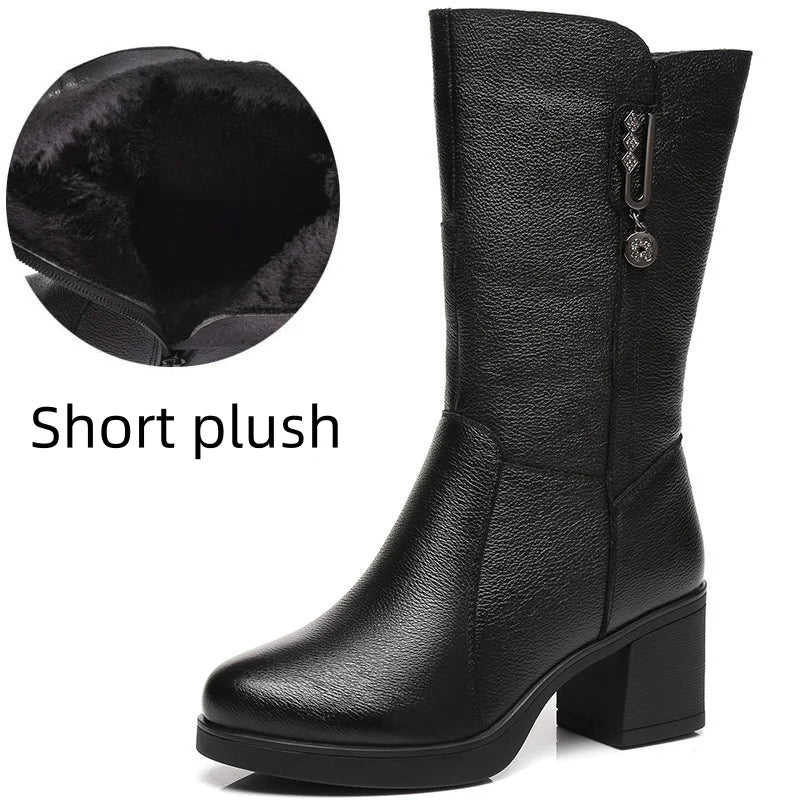 Genuine leather mid calf boots
