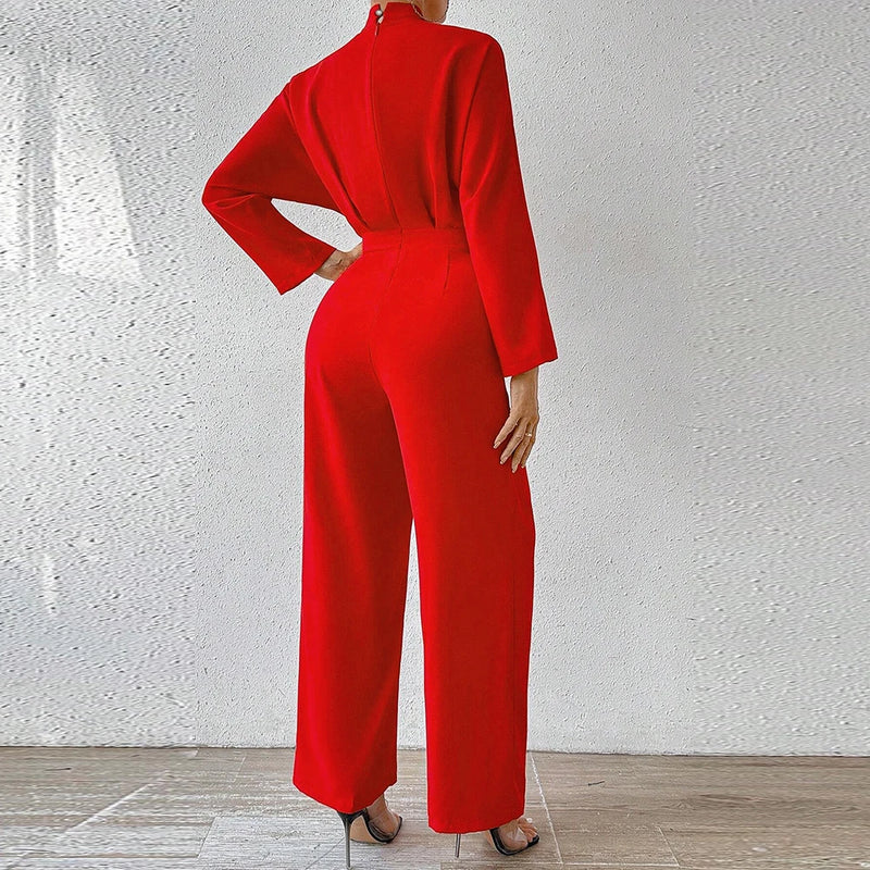Jumpsuits Long Sleeve V-Neck Ankle Office Lady