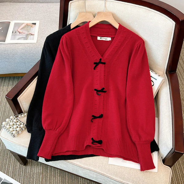 Plus Size Bust 150kg Spring  Loose V-Neck Bow Sweater