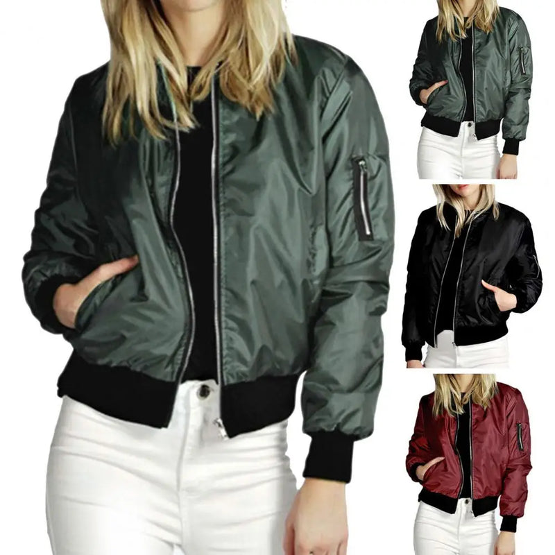Solid Zipper Jackets Spring Autumn Casual