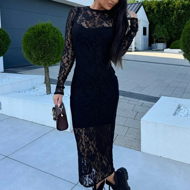 Hollow Out Lace Party Dress Fashion Sexy Printing Slim