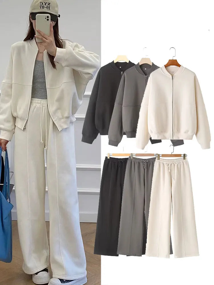 2-piece Retro Solid Color Zipper Bomber Jacket