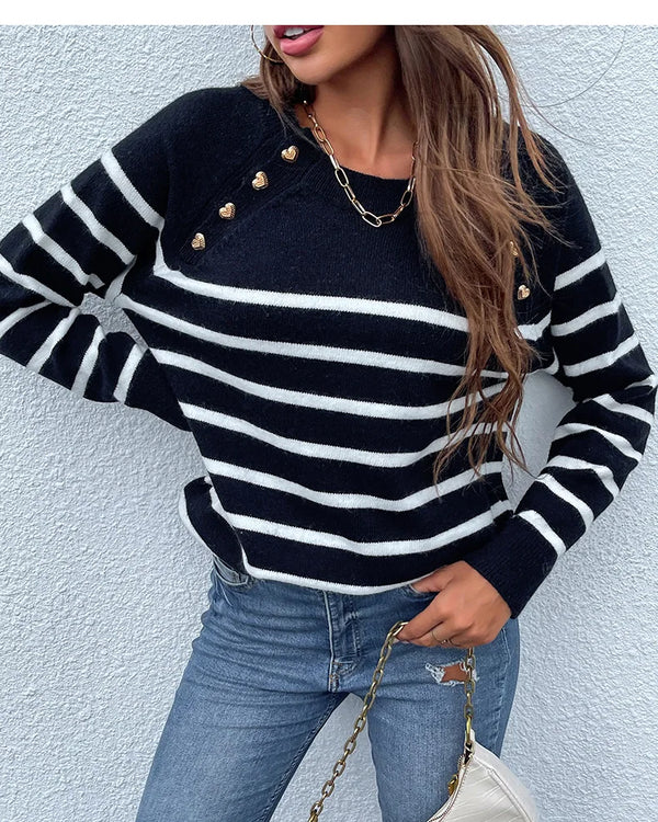 Striped Pullover Shoulder Button Sweater