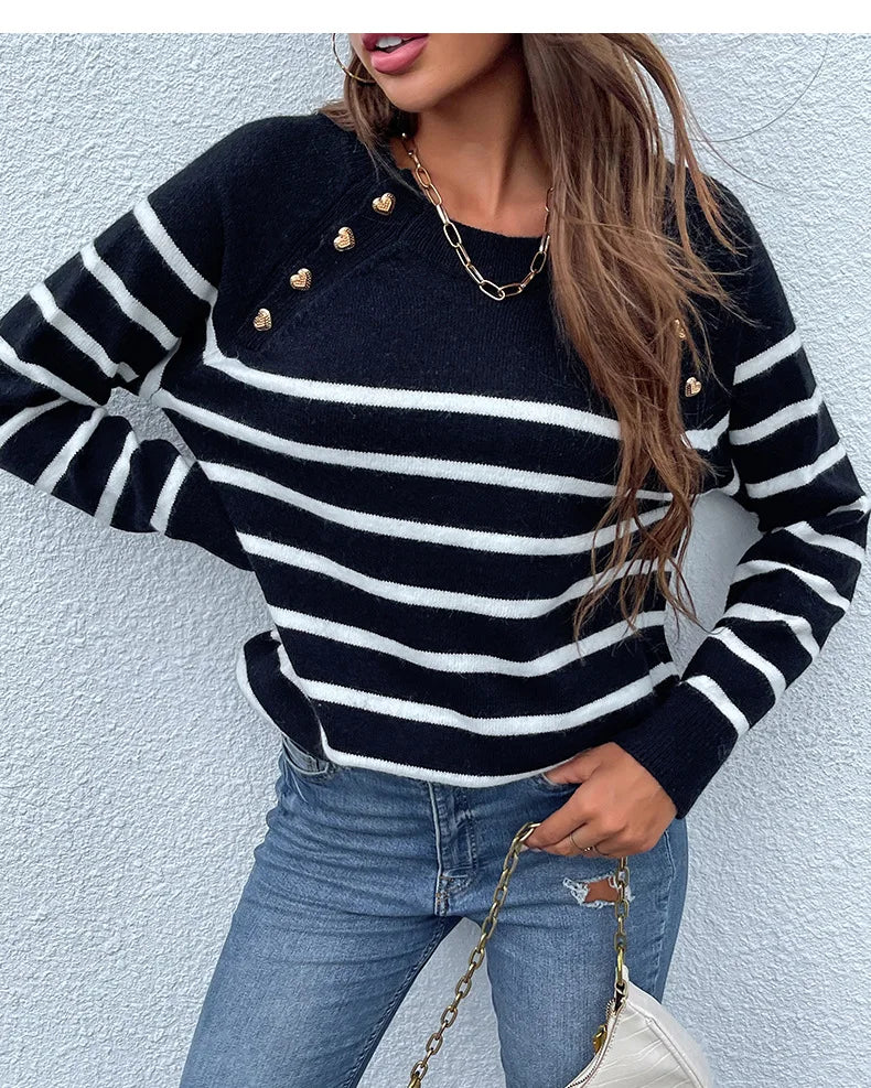 Striped Pullover Shoulder Button Sweater