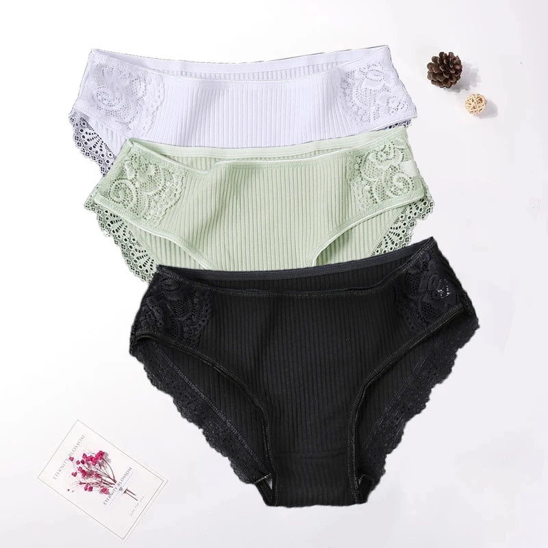 Floral Lace Cotton Panties Underwear Comfortable Lingerie 3PCS/Set