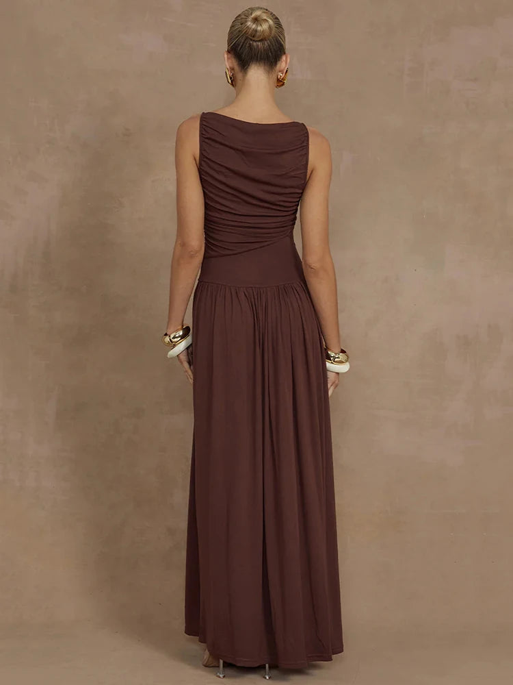 Women's Boat Neck Tank Dress - Sexy Ruched Long Gown