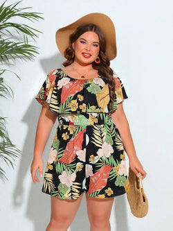 Plus Size Floral Print Off Shoulder Jumpsuit