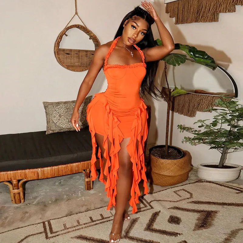 Women's Halter Mini Dress - Sleeveless Summer Party Dress with Ruffle Details