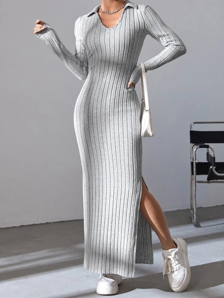 Sexy knit V-neck reverse neck split dress autumn winter