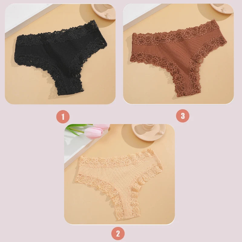 3PCS Lace Seamless Cotton Panties Ribbed Brazilian