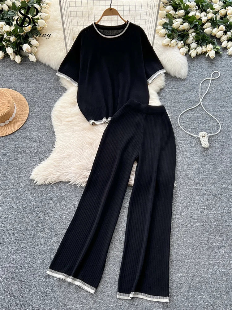 Short Sleeves Loose Top+High Waist Wide Legs Pants