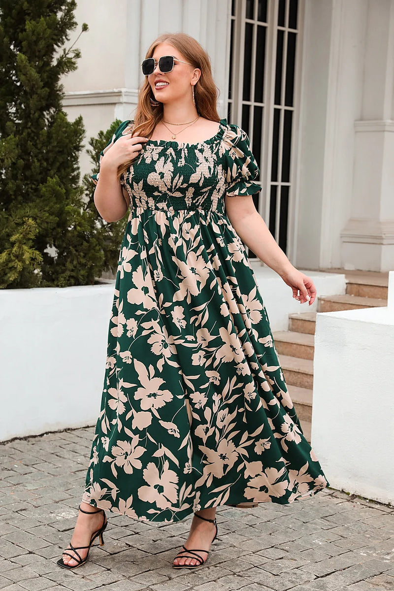 Plus Size Square Collar Dress Floral Print Fashion