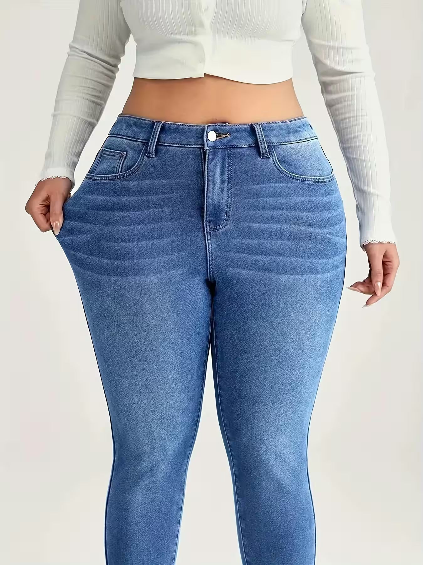 Plus Size Washed Blue Jeans High Waist - Women's Fashion - View 3