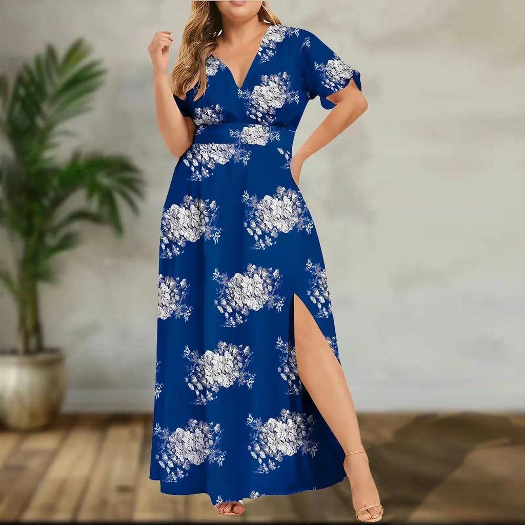 Plus Size  Slit Flower Print Short Sleeve Dress - Additional View 8