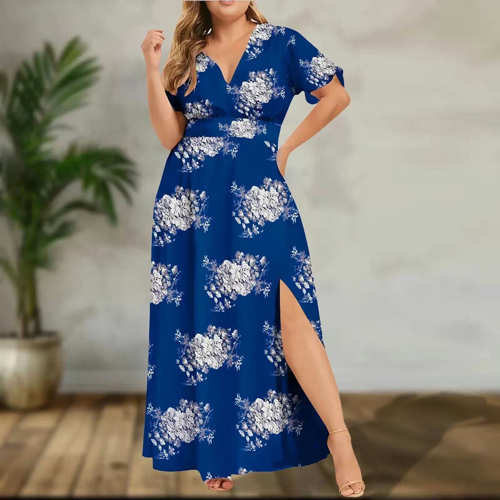 Plus Size  Slit Flower Print Short Sleeve Dress - Additional View 8