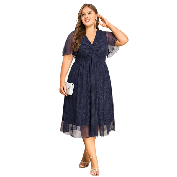 Plus Size V-Neck Solid Dresseegant Evenings