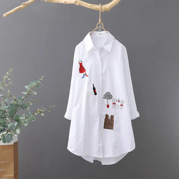 Plus Size Mid-length White Embroidered Shirt Top