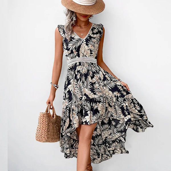 Lace Splicing Skirt V-neck Print Irregular Vacation Style