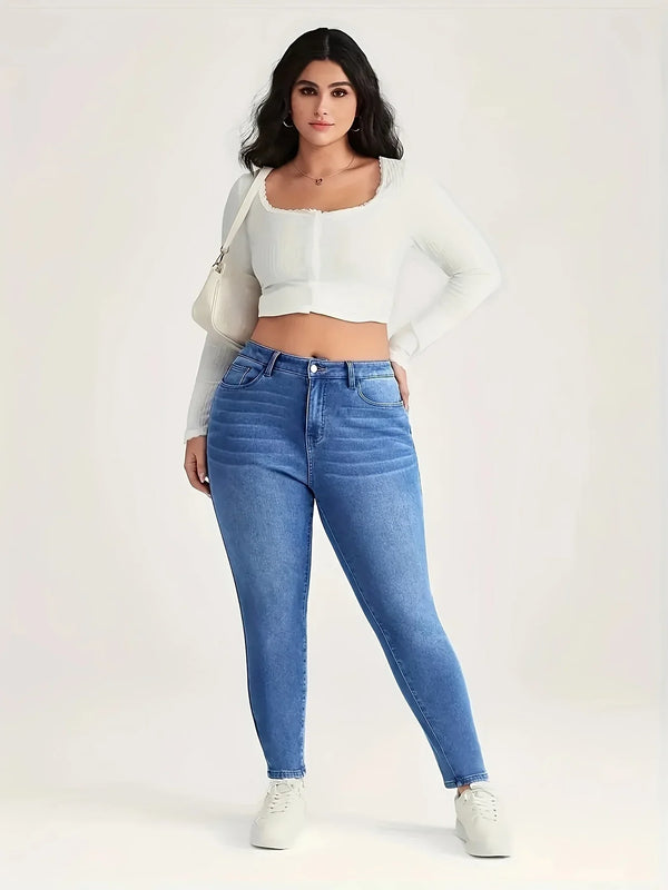 Plus Size Washed Blue Jeans High Waist