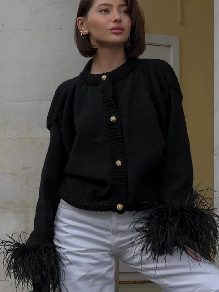 Patchwork Feather Cuffs O-neck Cardigan
