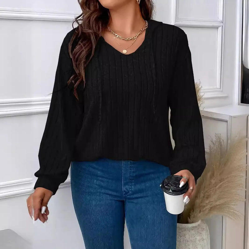 Plus Size Top V-neck Hooded Long Sleeved