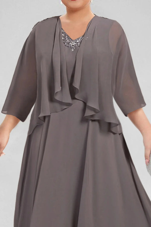 Plus Size Semi Formal Taupe Chiffon Drilling Two Pieces