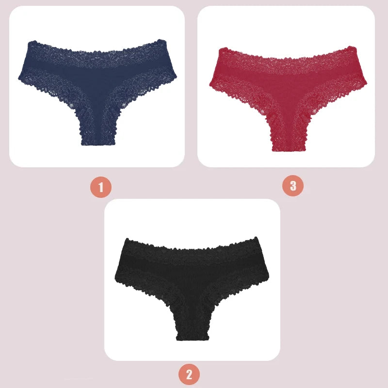 3PCS Lace Seamless Cotton Panties Ribbed Brazilian