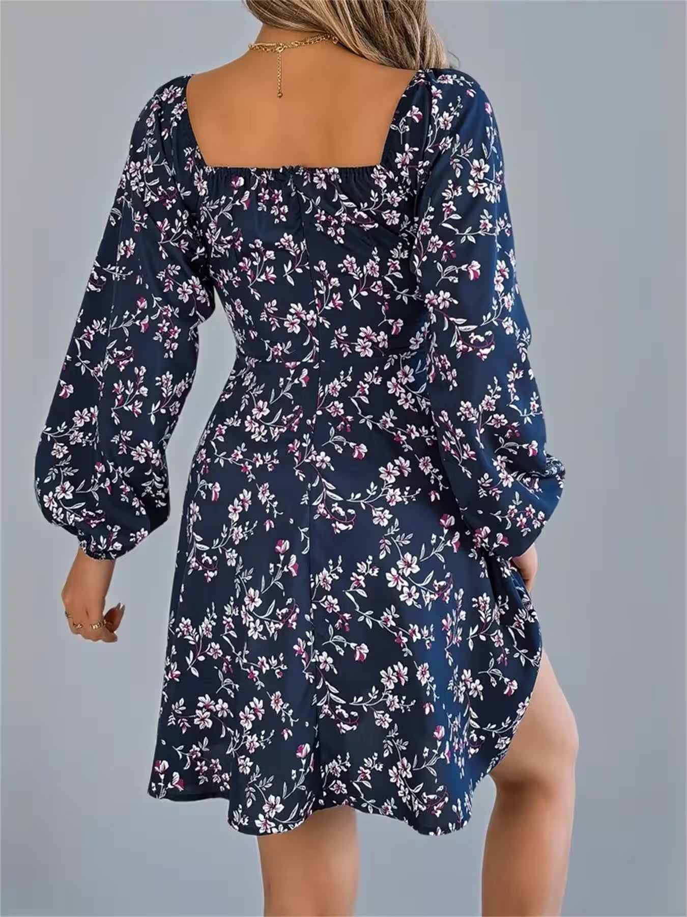Spring Floral Long Sleeve A-line Ruffle Dress - Additional View 3