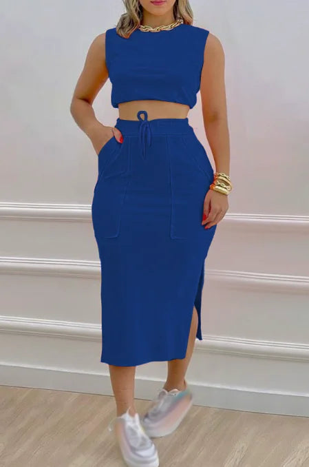 Skirt Set Solid Round Neck Short Sleeveless Top