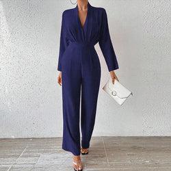 Jumpsuits Long Sleeve V-Neck Ankle Office Lady
