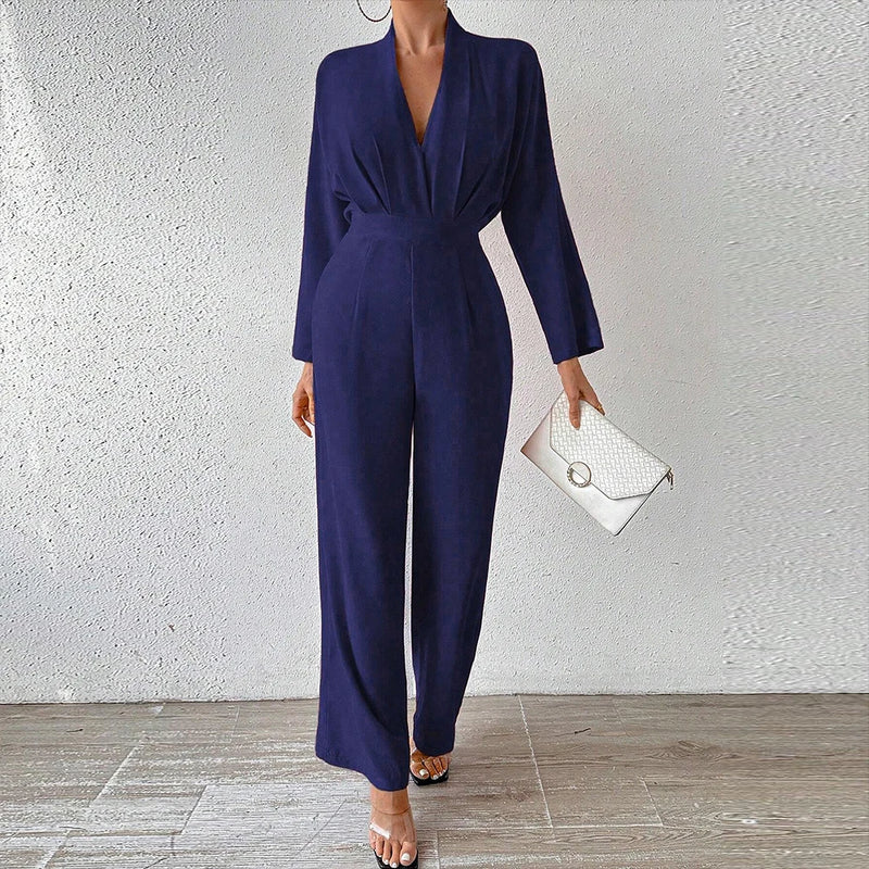 Jumpsuits Long Sleeve V-Neck Ankle Office Lady