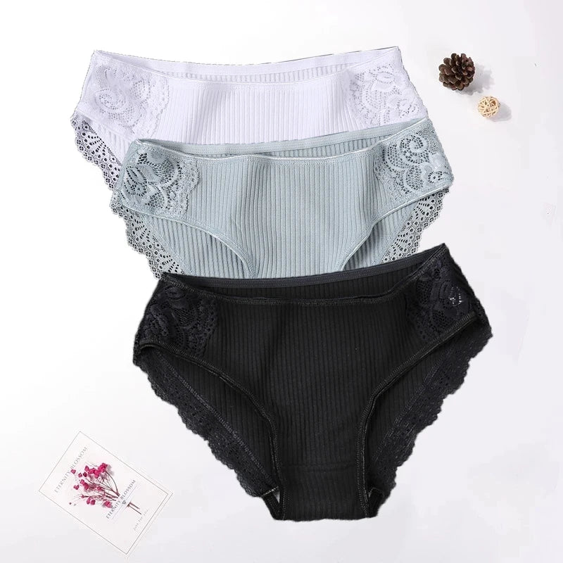 Floral Lace Cotton Panties Underwear Comfortable Lingerie 3PCS/Set