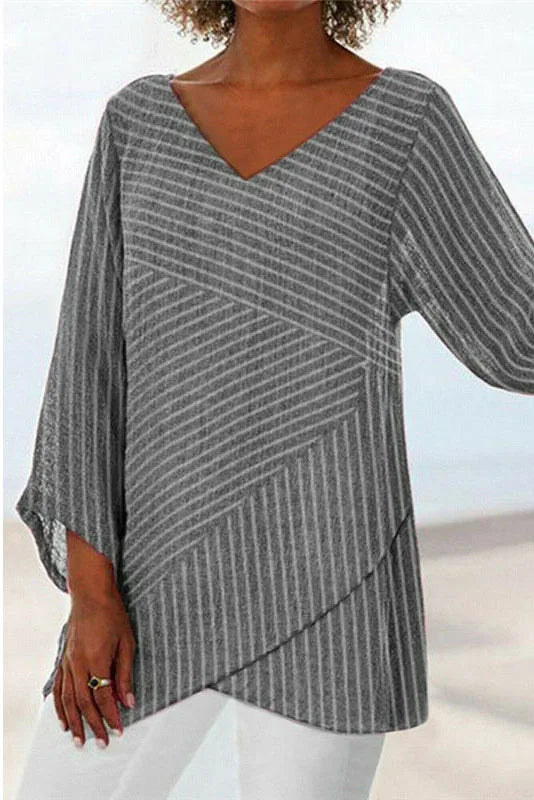 Plus Size Casual Striped Print V Neck Asymmetric