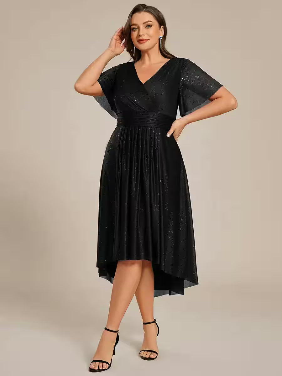 Plus Size Dress Short Sleeve V-Neck A-Line - Women's Fashion - View 3