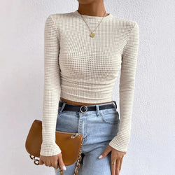 T-shirt Long-sleeved Sexy Slim Round Neck Top Textured