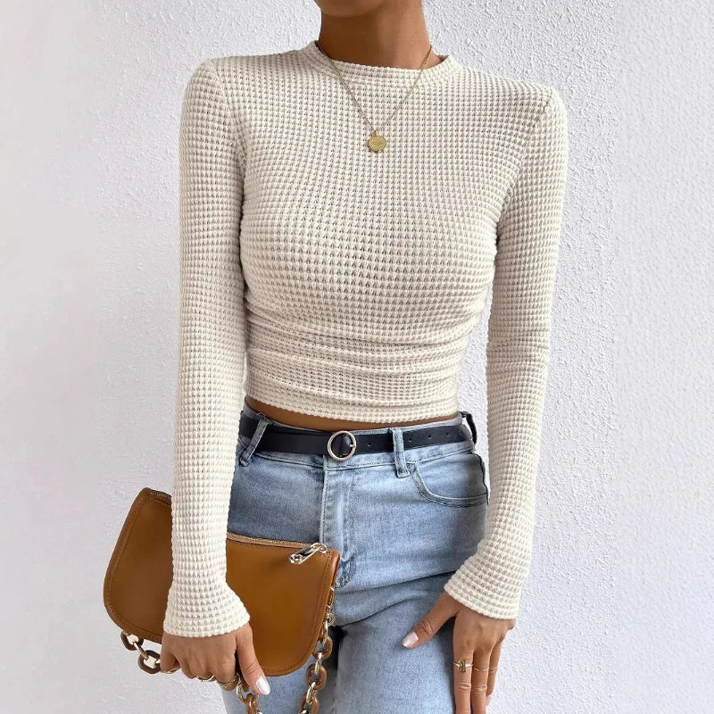 T-shirt Long-sleeved Sexy Slim Round Neck Top Textured