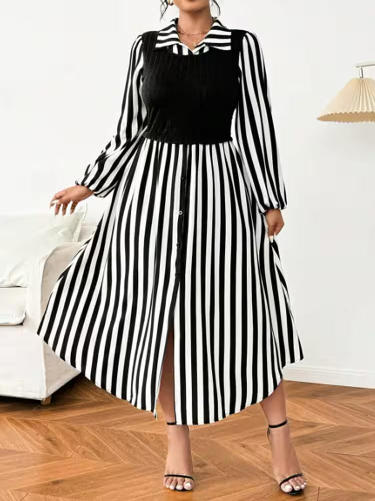 Plus Size Black And White Striped Shirt Dress - Women's Fashion - View 3