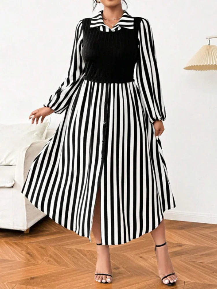 Plus Size Black And White Striped Shirt Dress