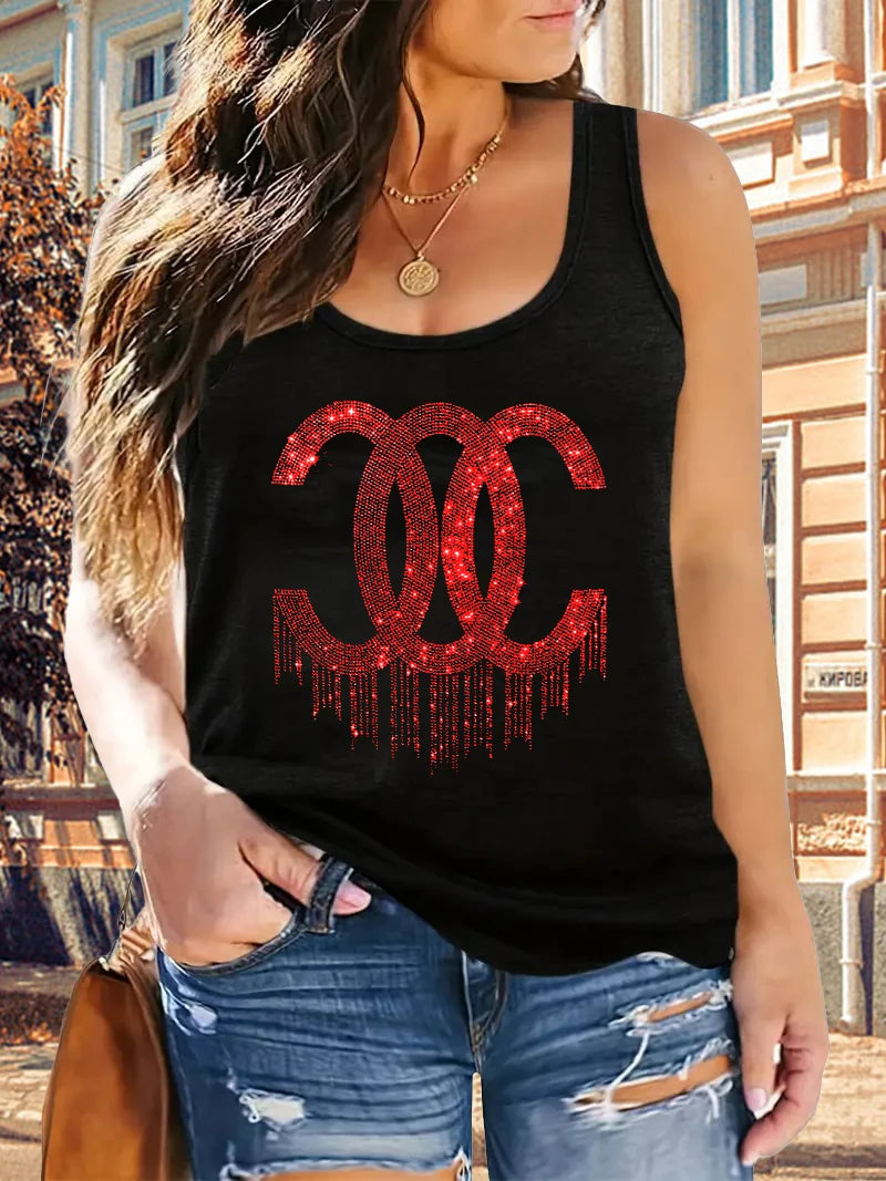 L-5XL Oversize Tank Tops Sequins Sleeveless Loose
