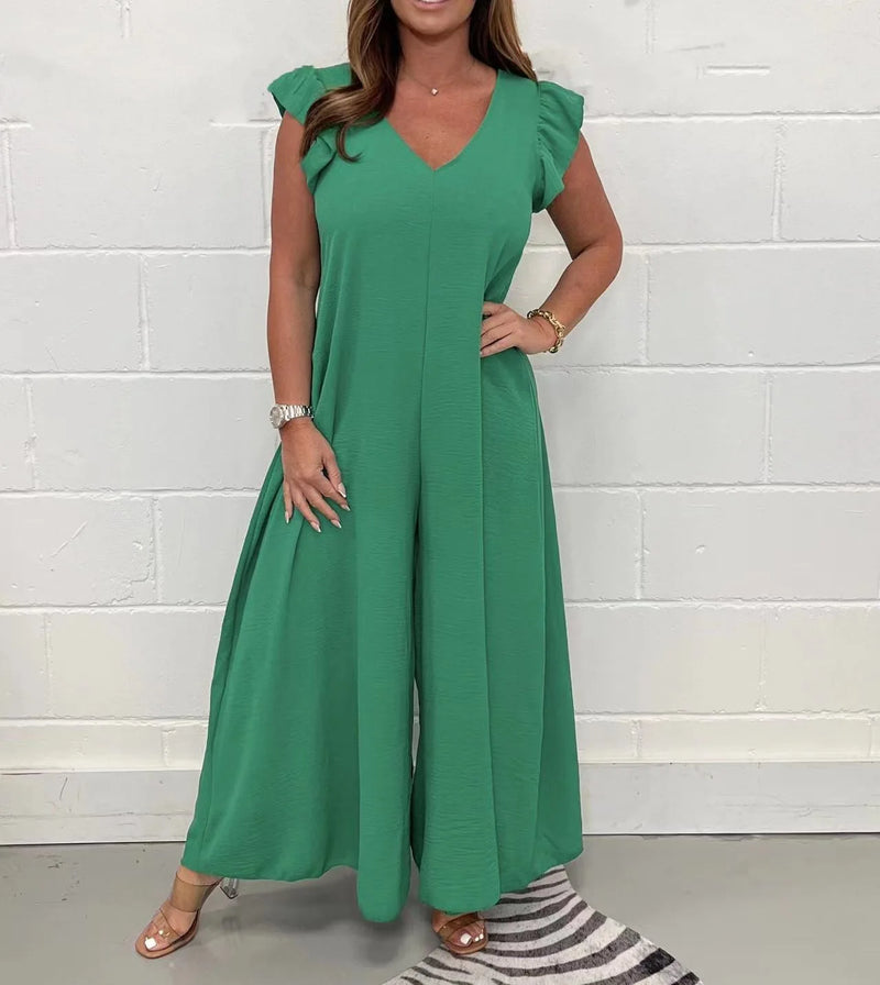 Ruffled Wide-leg Trousers Solid Casual Jumpsuit